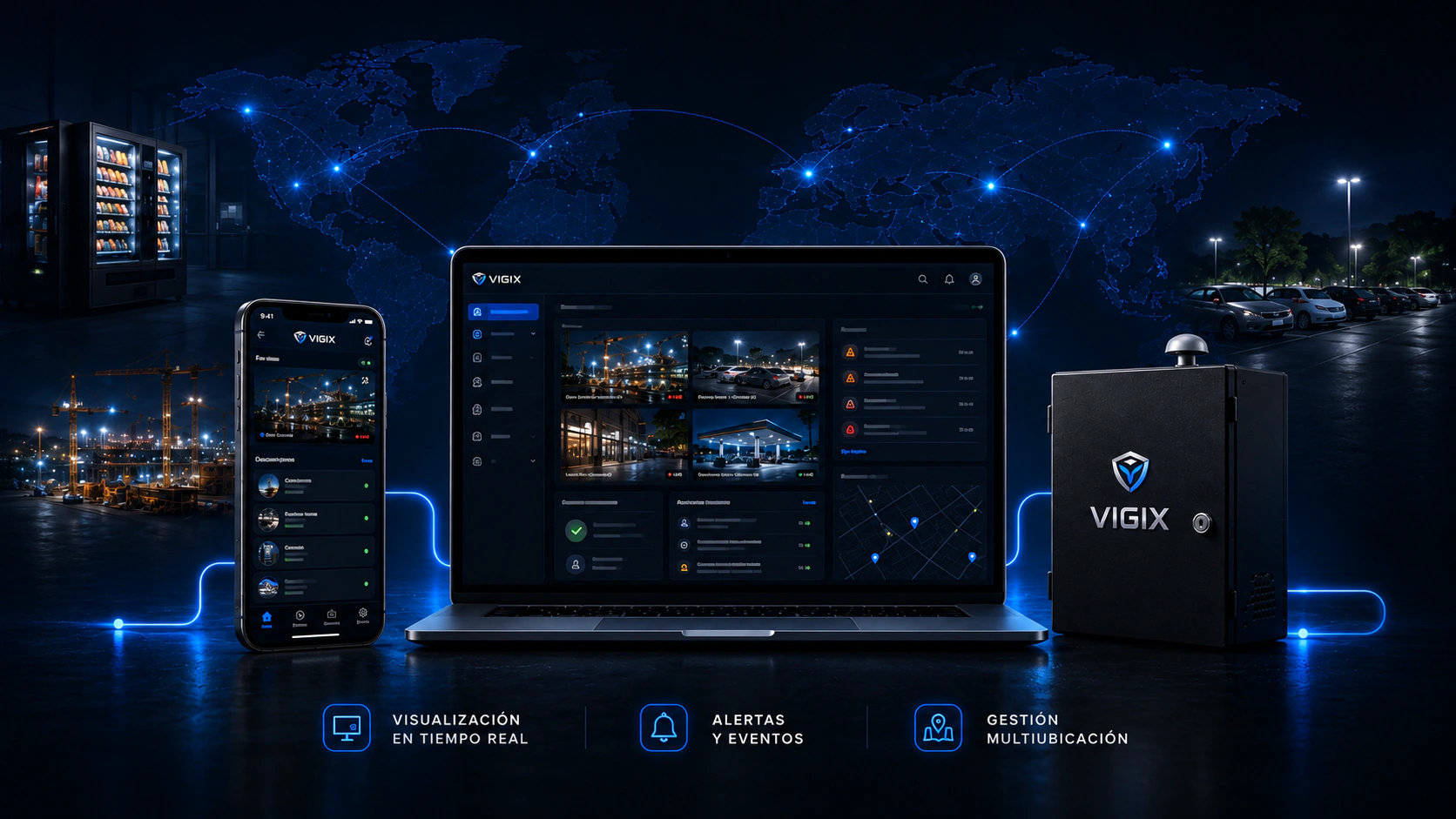 Ecosistema VIGIX conectado con app movil, portal web, VIGIX BOX y lineas de conexion